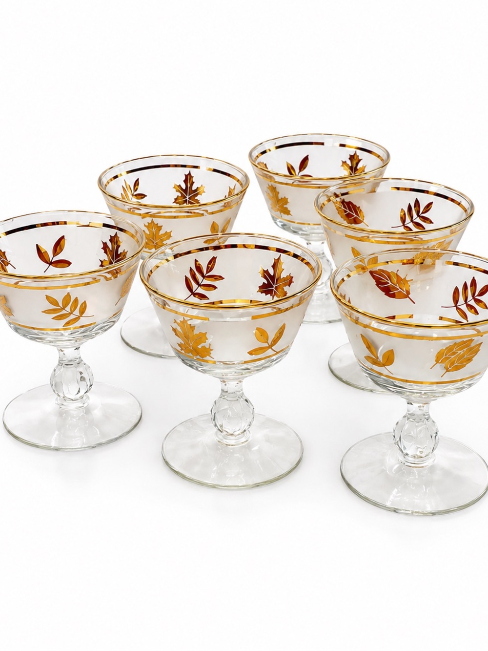 Libbey MCM Vintage Frosted Gold Leaf Cocktail & Champagne Coupe Glasses Set of 6